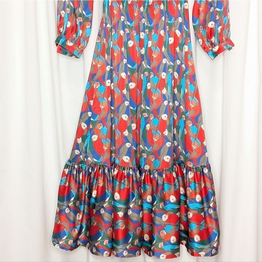 Tucker Juliette Dress Deco Parrot in Silk Stretch Charmeuse Bird Print Midi - Picture 3 of 9
